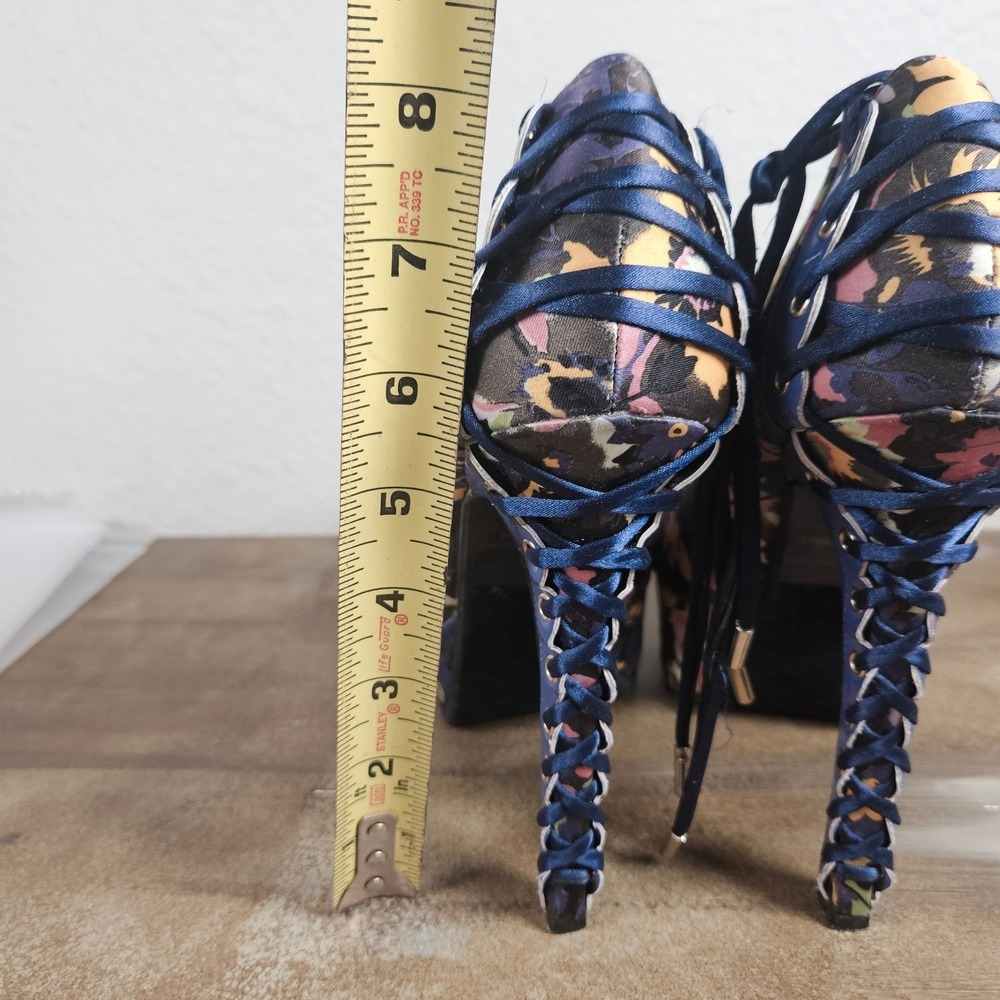 Alba Floral Lace Up Platform Pumps Blue Multi Color Stiletto Heels Womens 7.5 - Picture 7 of 12
